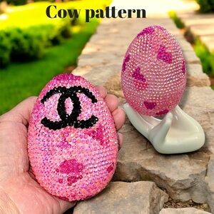 Easter Egg, Pink Rhinestone Decorated Egg, Decoration, Vase Filler, Cow Pattern